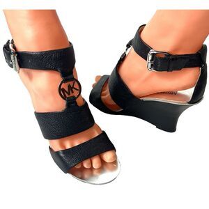 Michael Kors Logo Black Leather High Heels Women's 6M Open Toe Sling Ankle Strap